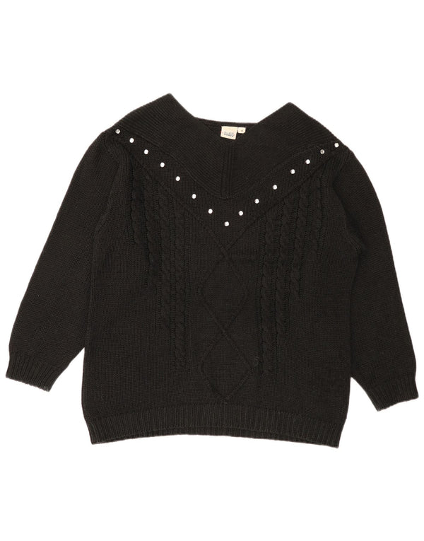 vintage Femme V-Col Jumper Pull UK 14 Moyen Noir Coton