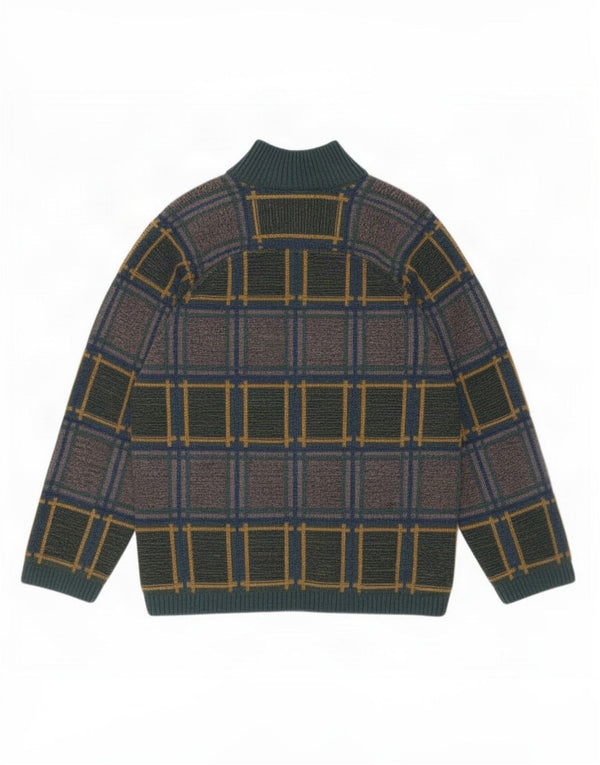 vintage Mens Réversible Cardigan Pull Moyen Vert Check Mohair