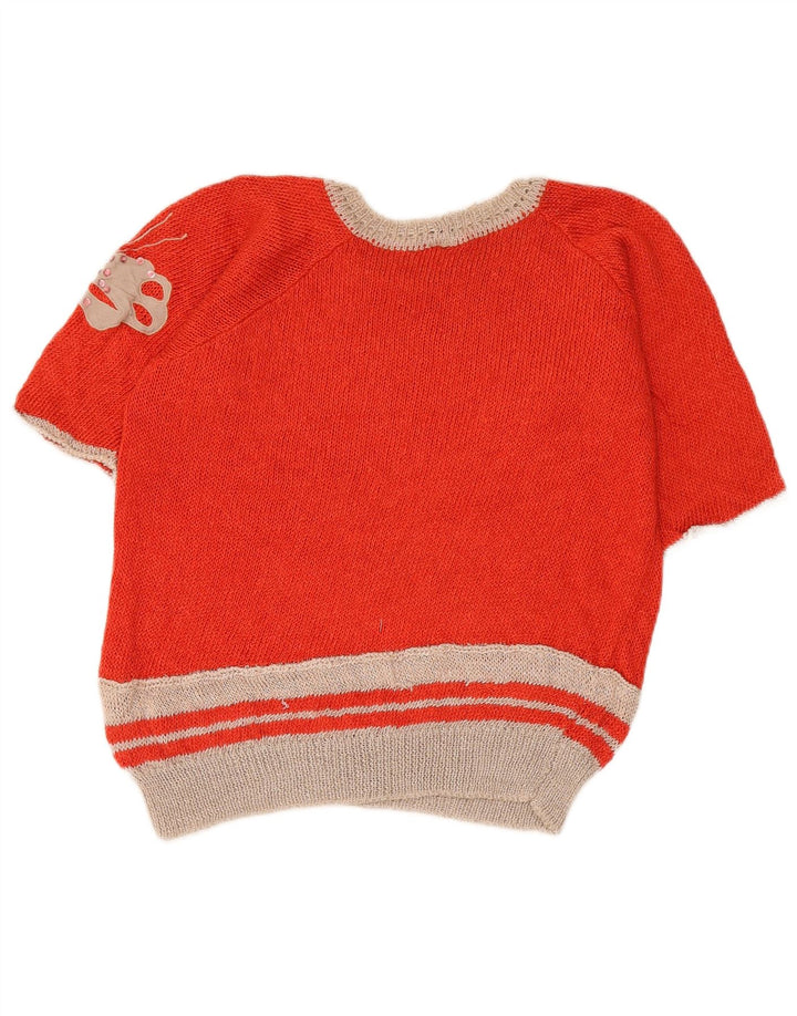 vintage Womens Crop Graphic Boat Neck Jumper Pull IT 44 Rouge Moyen