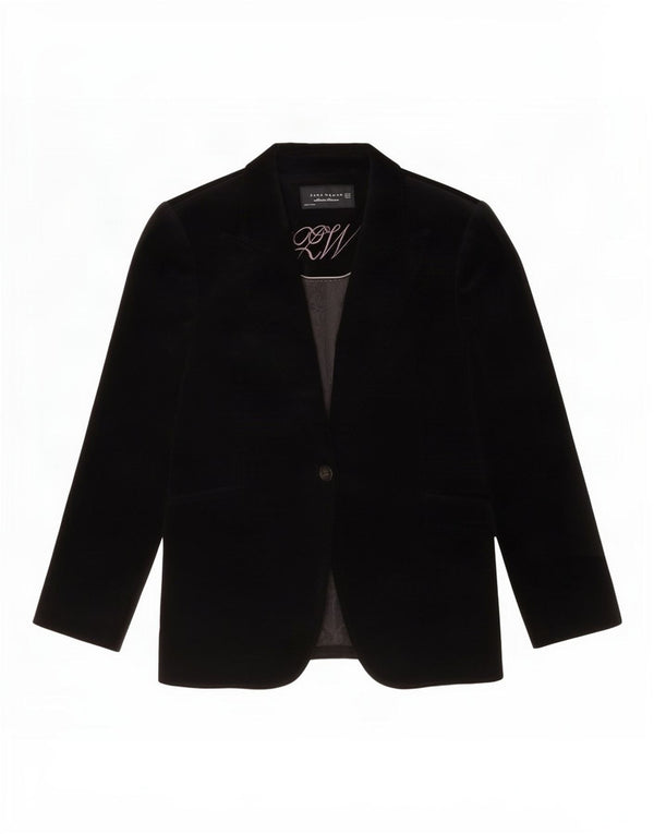 Zara Womens 1 Button Velvet Blazer Jacket EU 42 Large Noir Coton
