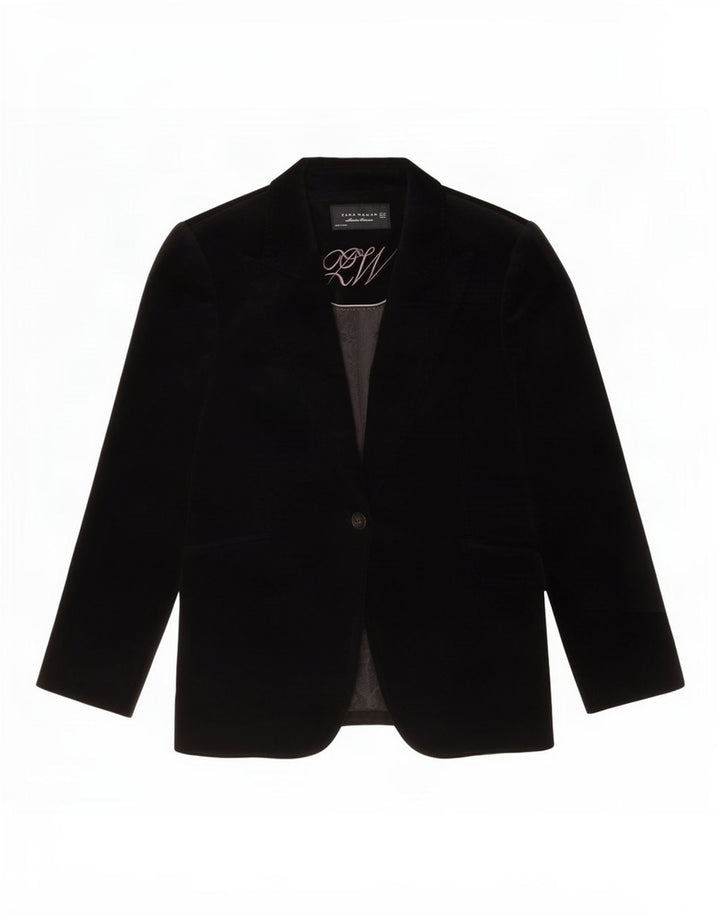 Zara Womens 1 Button Velvet Blazer Jacket EU 42 Large Noir Coton