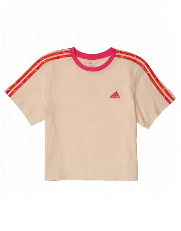 Adidas Womens Crop Graphic T-Shirt Top UK 12/14 Coton Blanc Moyen