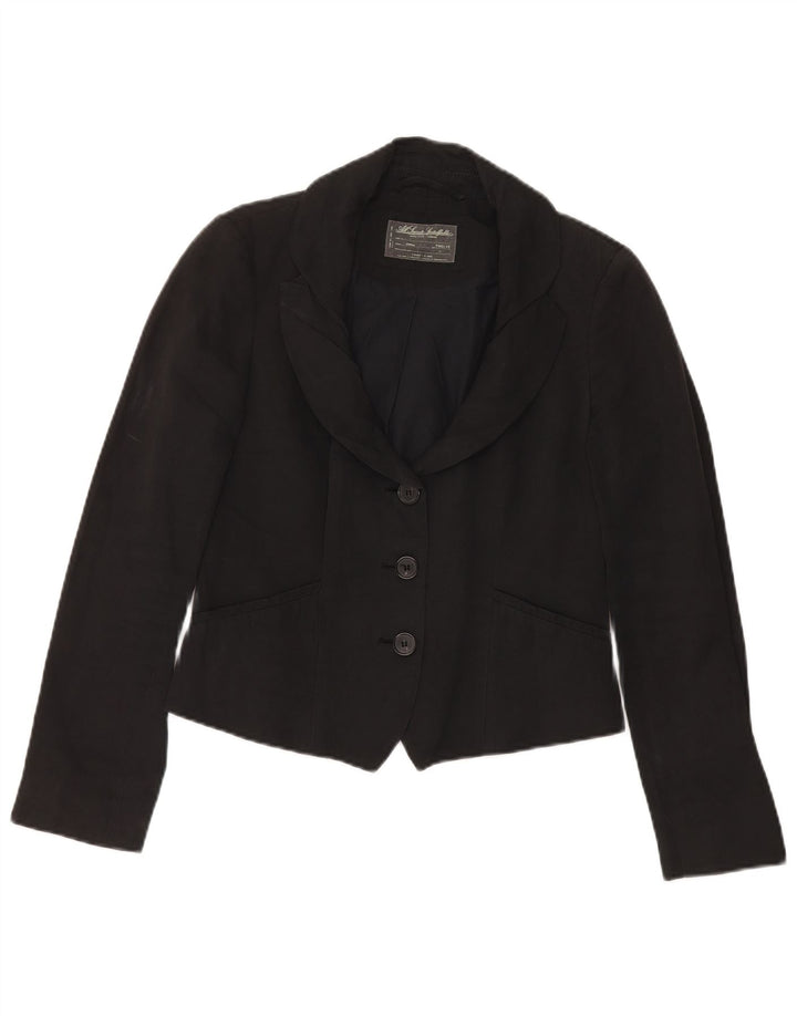 All Saints Veste blazer courte à 3 boutons pour femme UK 12 en coton noir moyen