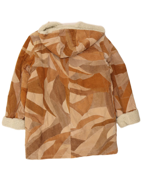 vintage Femmes À Capuchon Sherpa Pardessus UK 18 XL Marron Patchwork Cuir