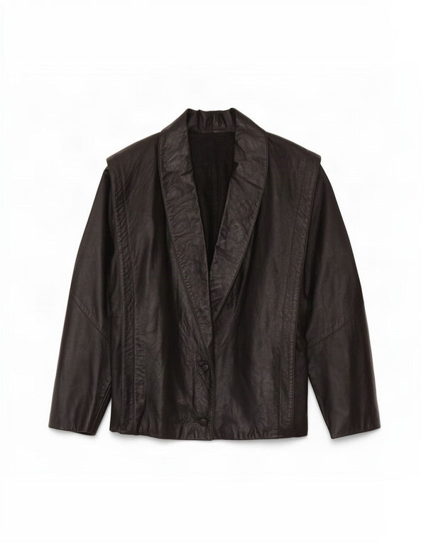 vintage Femmes 3/4 Manches Veste en cuir surdimensionnée UK 16 Grand Noir