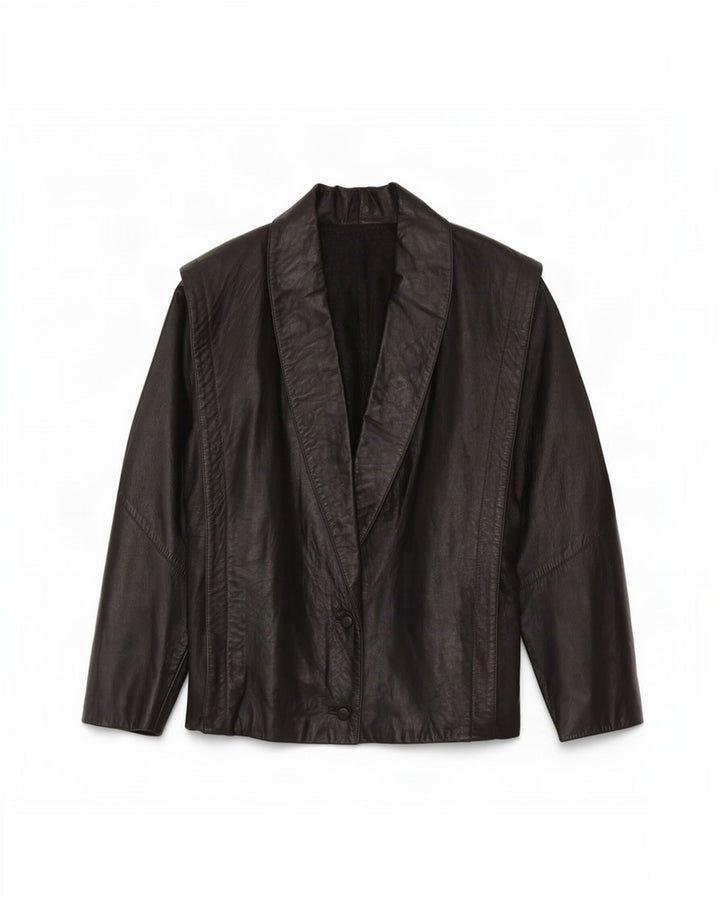 vintage Femmes 3/4 Manches Veste en cuir surdimensionnée UK 16 Grand Noir
