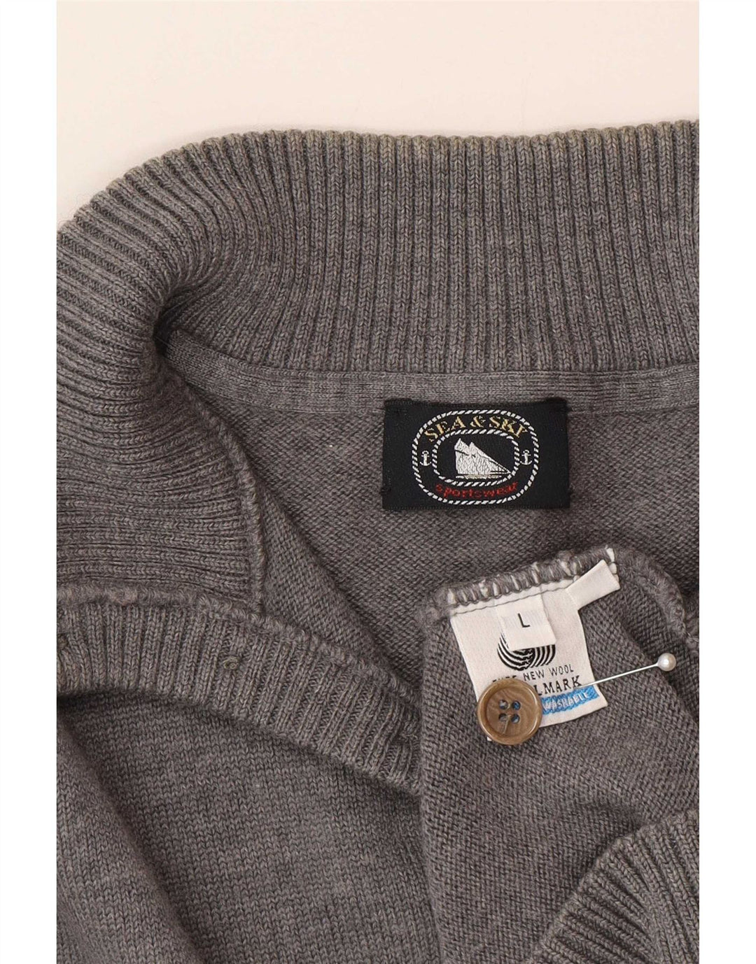 Sea & Sky Pull à col boutonné pour homme en laine grise
