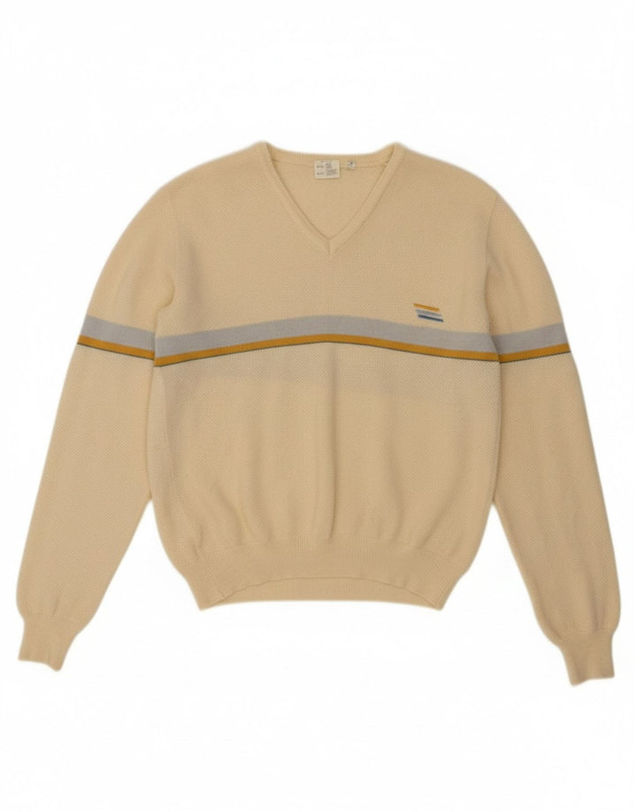 VINTAGE Womens V-Neck Jumper Sweater UK 12 Medium Beige Wool