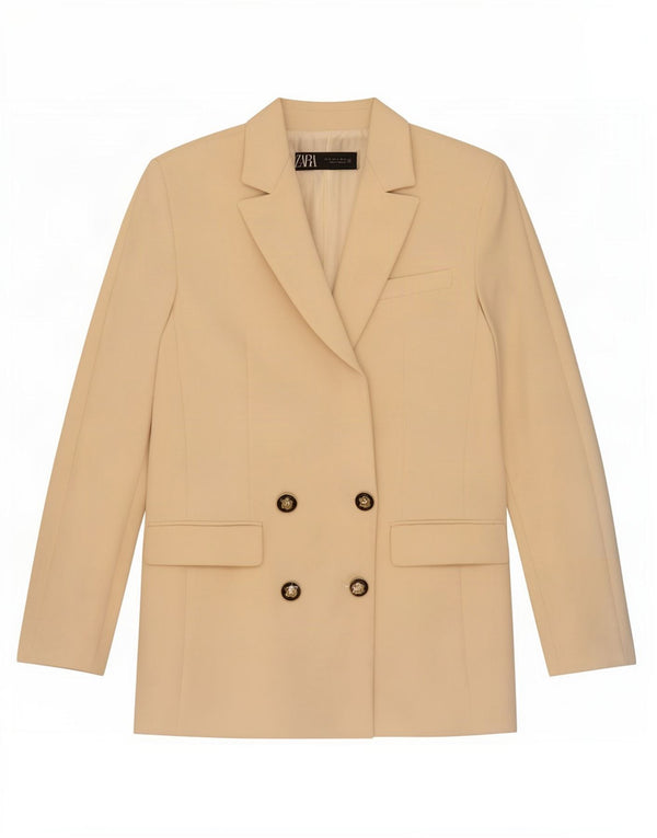 Zara Veste Blazer Double Boutonnage Femme UK 10 Petit Beige Polyester