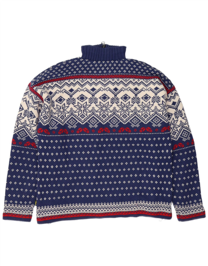 OCK Pull col zippé pour homme XL en laine Fair Isle bleu marine