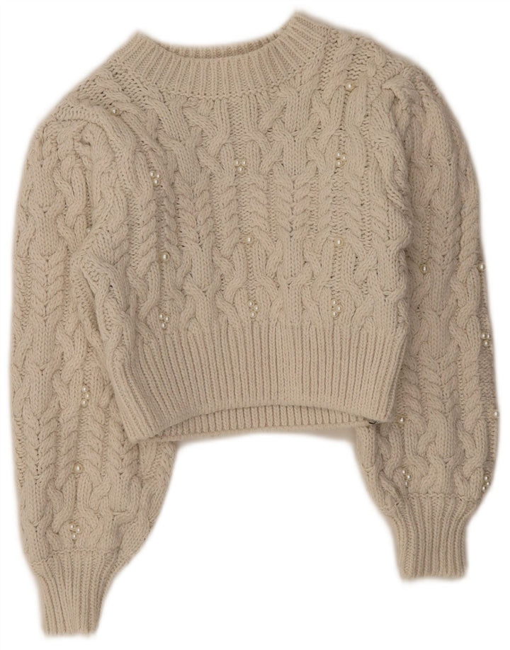 Zara Pull court à col rond pour femme UK 8 Petit Polyester Blanc cassé