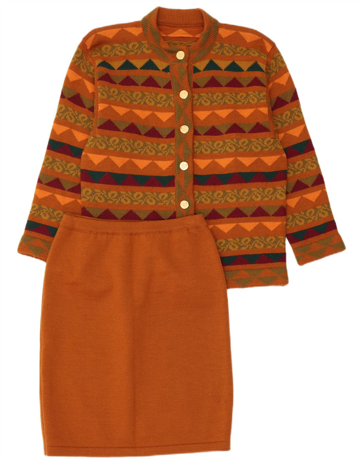 VINTAGE Femmes Tricot 2 Pièces Jupe Ensemble UK 14 Moyen W28 Marron Géométrique