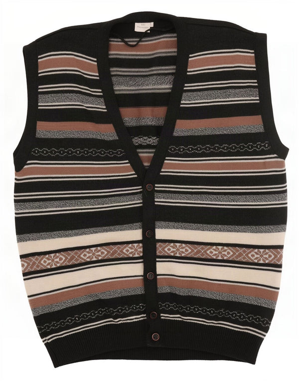 vintage Mens Cardigan sans manches Pull IT 52 Grand Noir Rayé