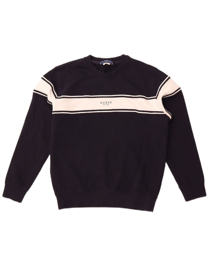 Guess Sweat-shirt graphique pour hommes en coton color block bleu marine petit