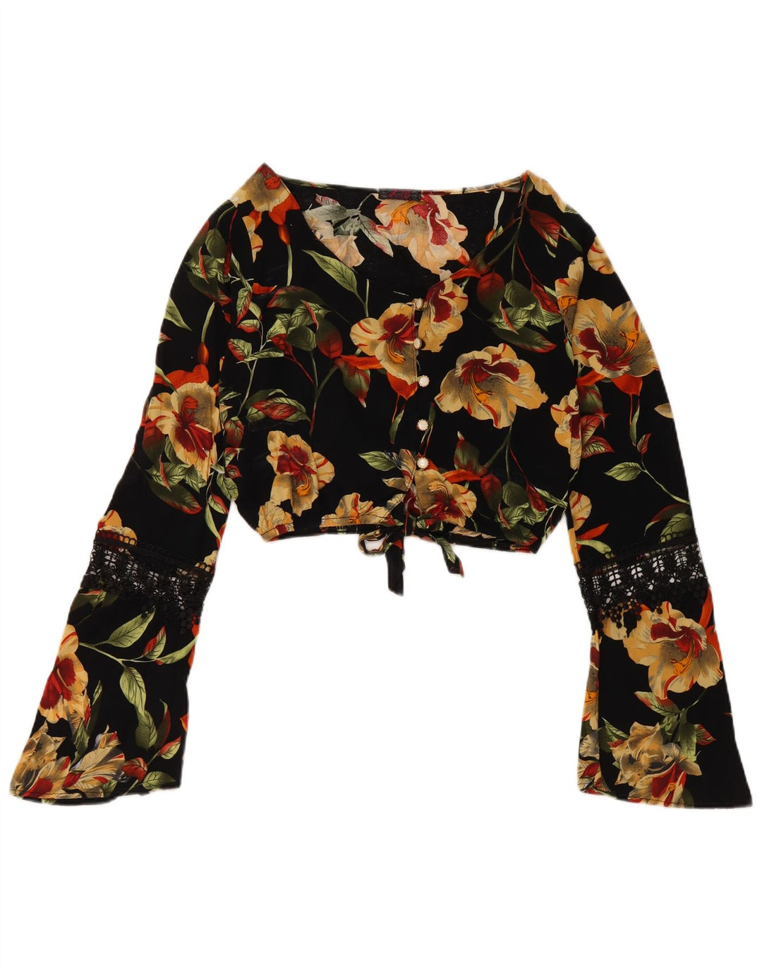 VINTAGE Femme Crop Shirt Blouse UK 12 Moyen Noir Floral Viscose