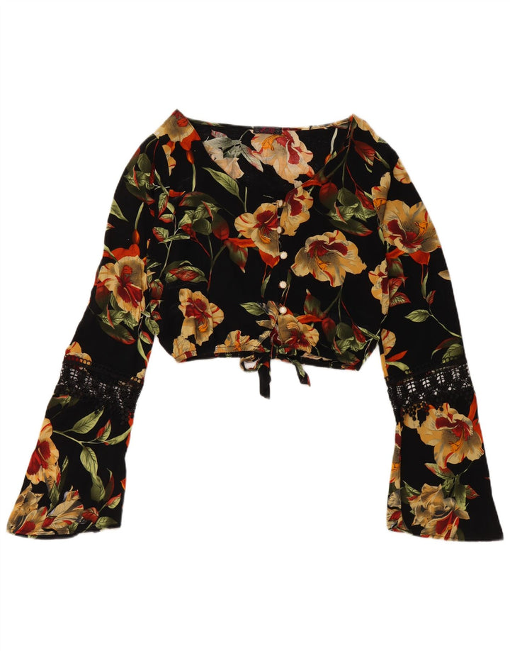 VINTAGE Femme Crop Shirt Blouse UK 12 Moyen Noir Floral Viscose