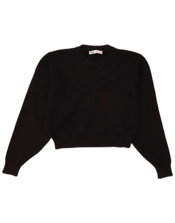Zara Pull court à col rond pour femme UK 16 Large Noir Viscose
