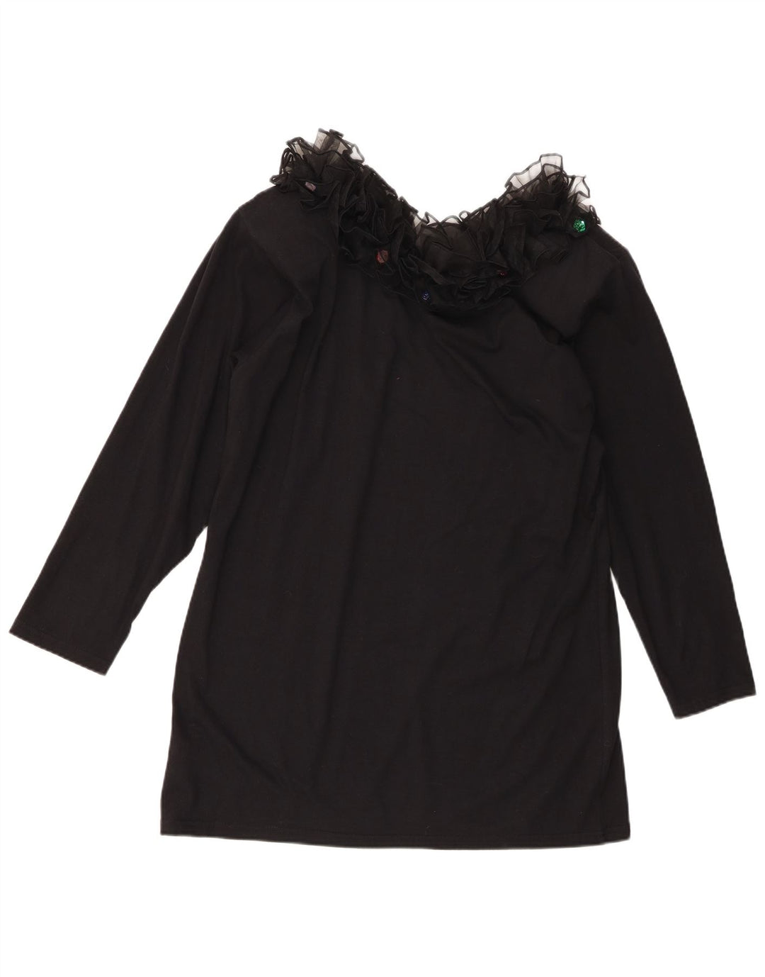 vintage Femmes Ruffle Front Manches Longues Tunique Top UK 16 Grand Coton Noir