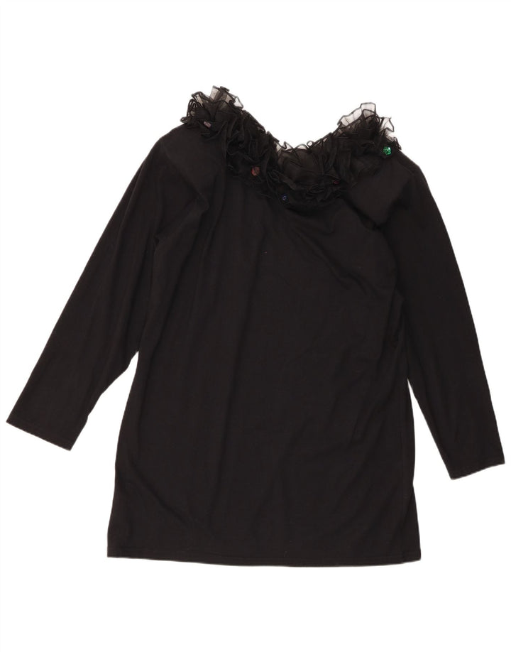 vintage Femmes Ruffle Front Manches Longues Tunique Top UK 16 Grand Coton Noir