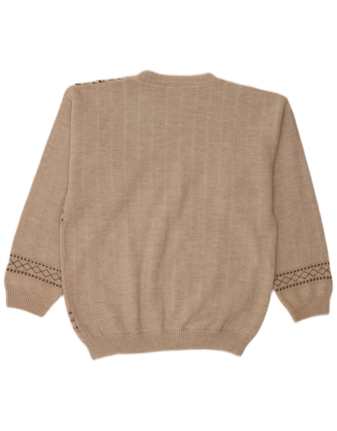 VINTAGE Pull graphique à col rond pour homme en laine rayée beige moyen