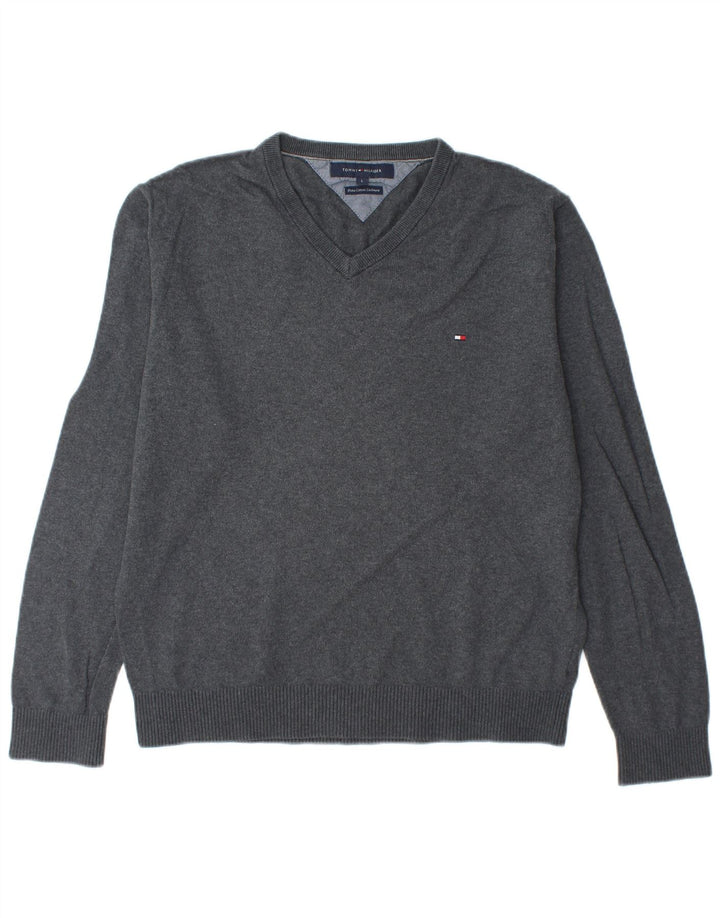 TOMMY HILFIGER Pull col V pour homme Large Gris Coton