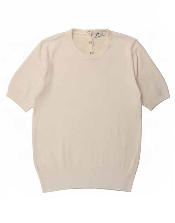 Zara Pull à manches courtes et col rond pour femme UK 14 Large Blanc