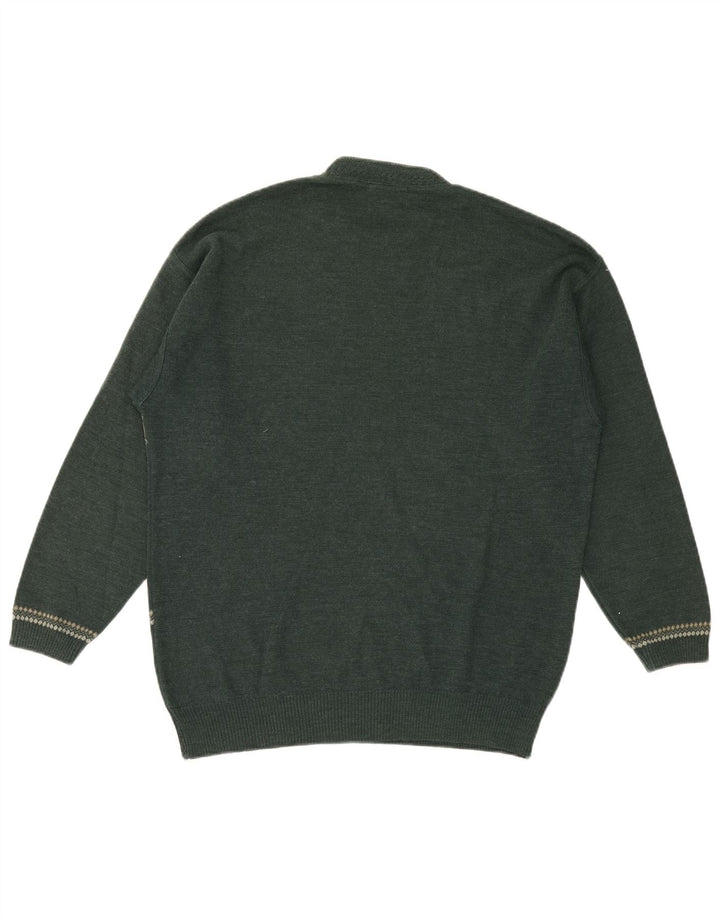 vintage Mens Crew Neck Jumper Pull Moyen Vert Géométrique Laine