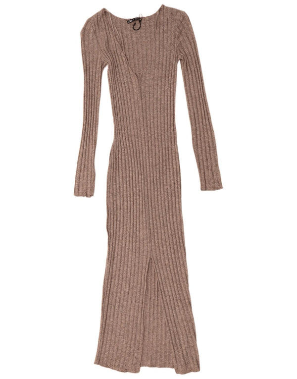 Zara Robe moulante en tricot à manches longues pour femme UK 8 Petite Viscose Marron