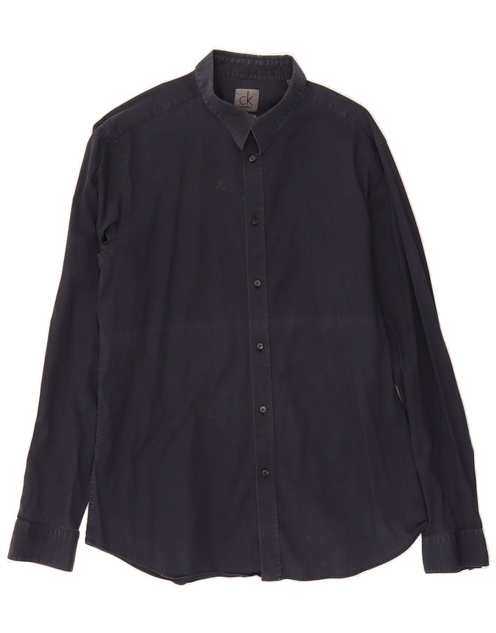 CALVIN KLEIN Mens Slim Fit Shirt 2XL Navy Blue Vintage Calvin Klein and Second-Hand Calvin Klein from Messina Hembry 