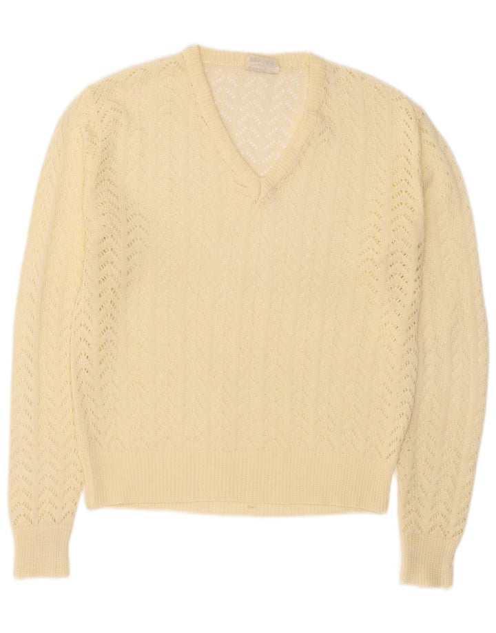 vintage Femme Col V Jumper Pull IT 46 Grand Jaune Polyacrylique