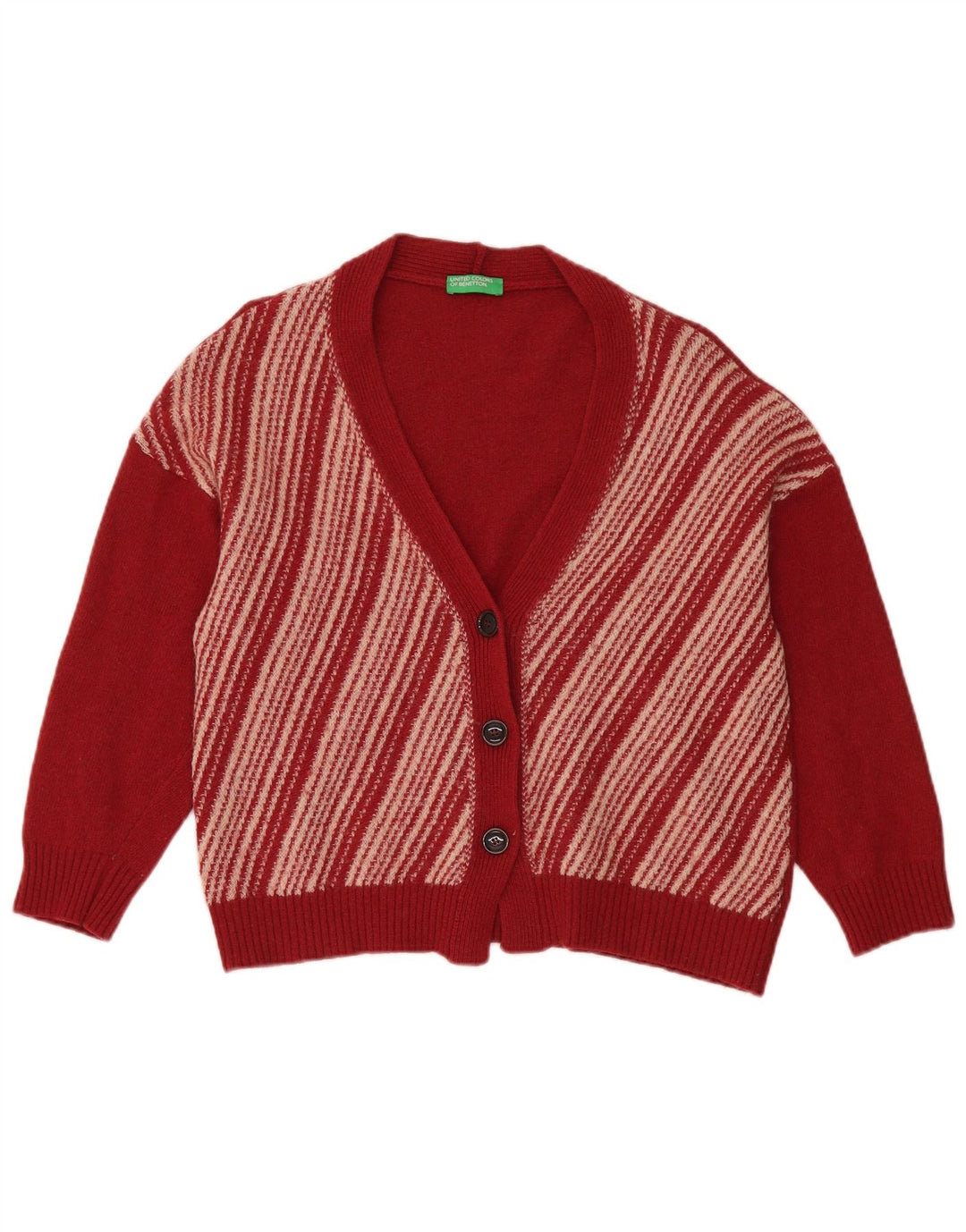 Benetton Pull Cardigan Oversize Femme UK 14 Laine Rayée Rouge Moyen