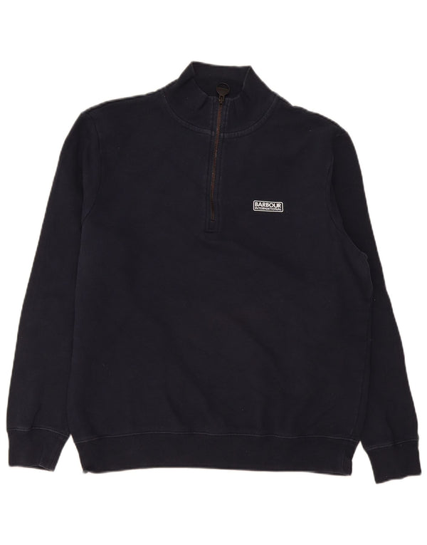 Barbour Womens Zip Neck Sweatshirt Jumper UK 16 Large Bleu Marine Coton
