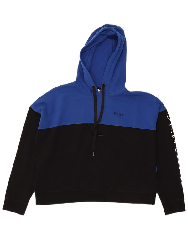 Dkny Pull à capuche court graphique pour femme UK 16 Large Bleu Colorblock