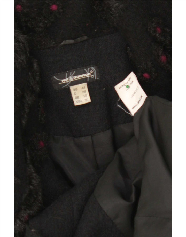 vintage Femme Double Breasted Coat UK 12 Laine Noire Moyenne