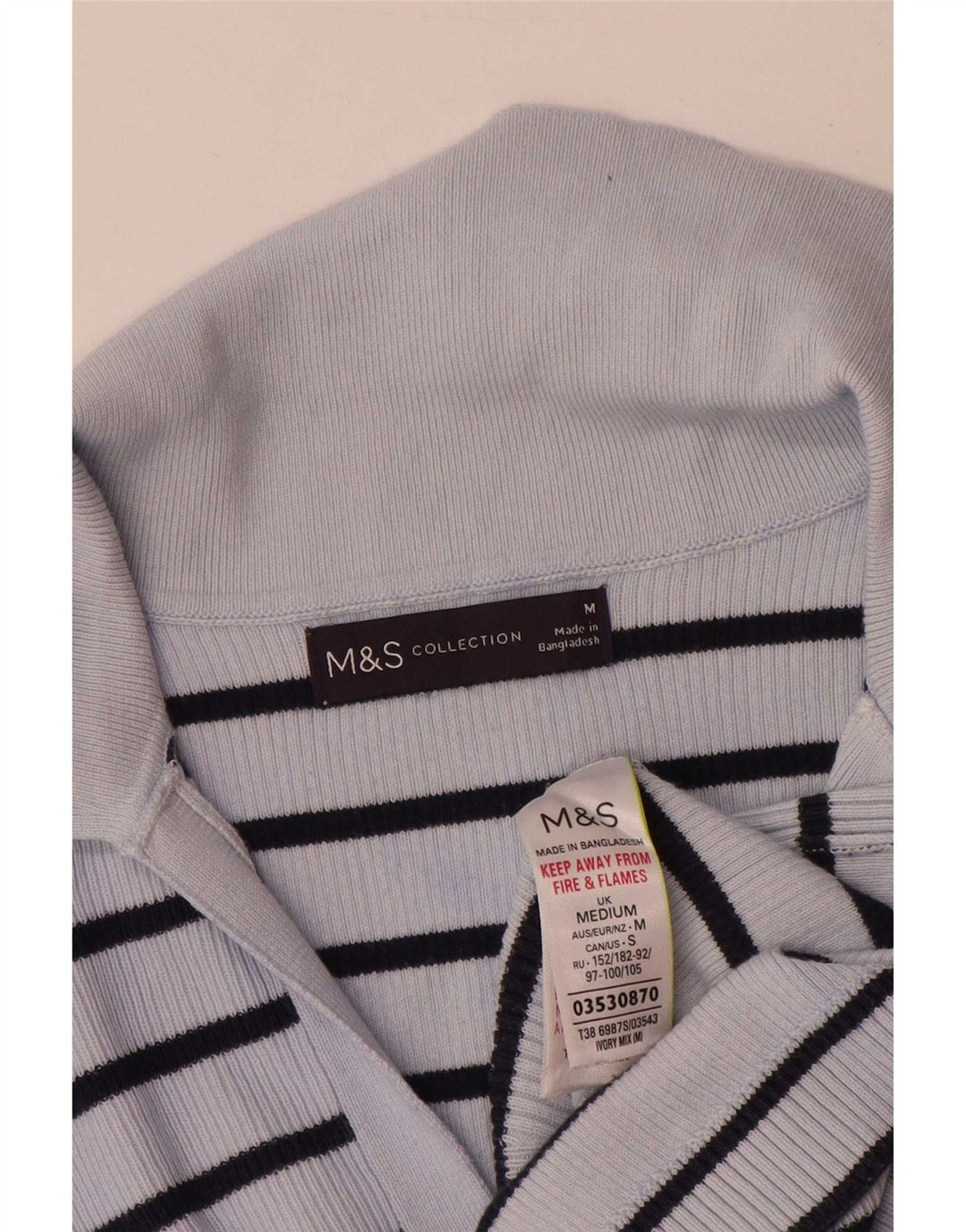 Marks & Spencer Polo Femme UK 14 Coton Rayé Bleu Moyen