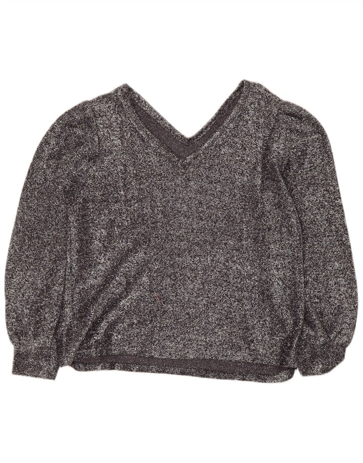 vintage Femme Top Manches Longues UK 12 Moyen Argent Moucheté