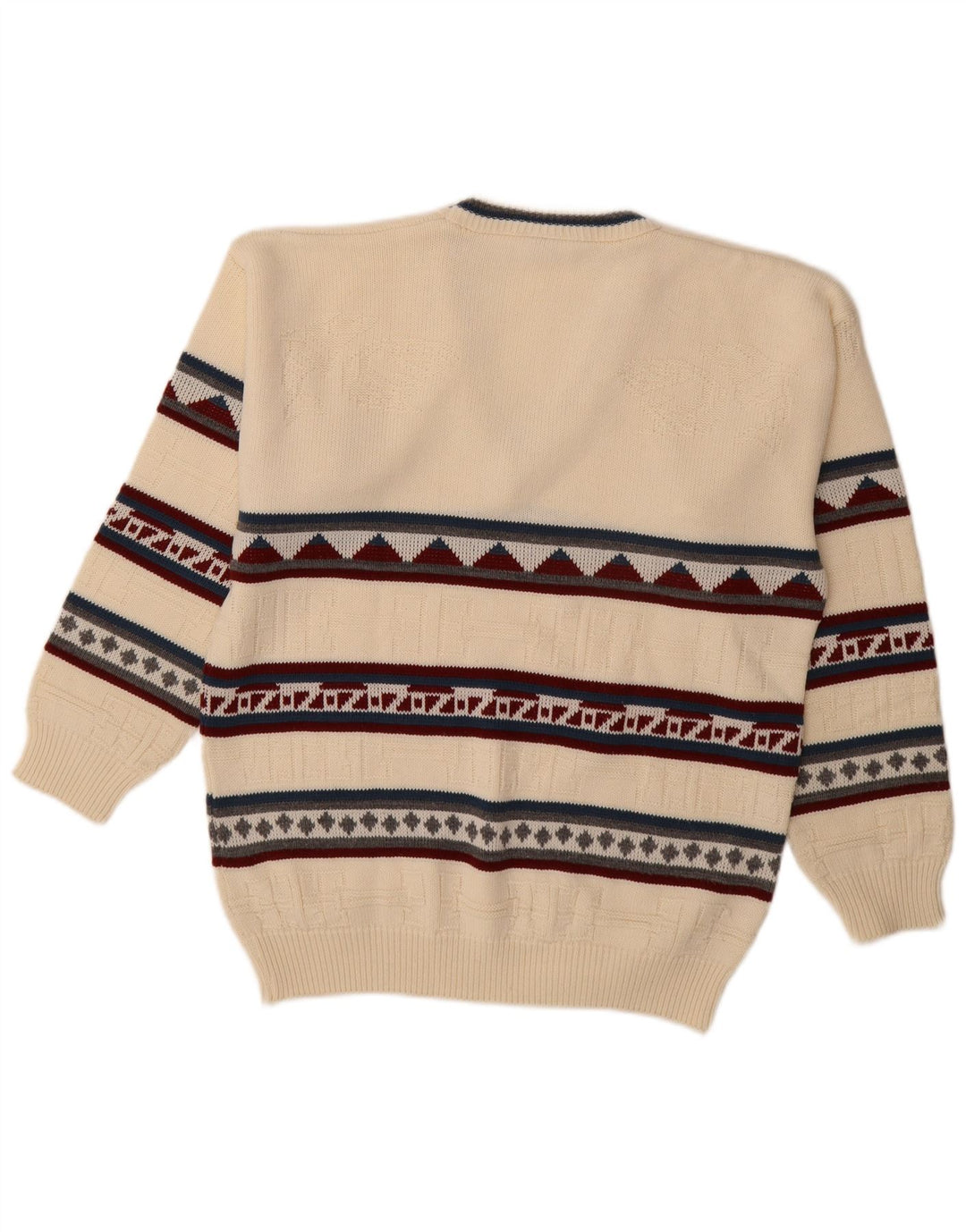 VINTAGE Homme Col V Pull Pull Grand Acrylique Géométrique Blanc