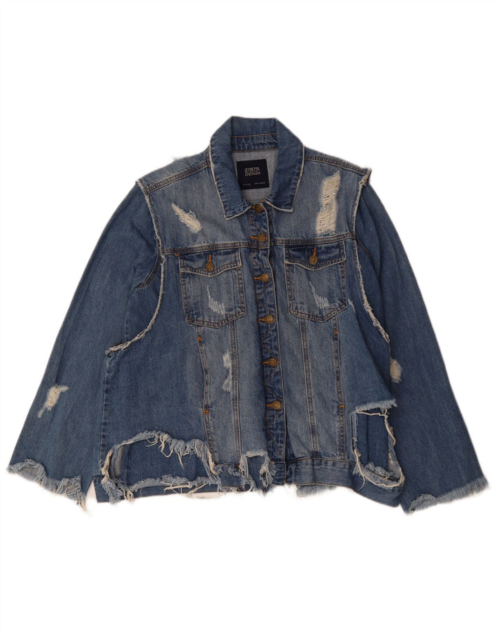 ZARA Veste en jean vieilli pour femme UK 16 Grand coton bleu