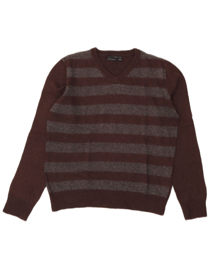 Zara Pull col V en laine rayé marron moyen pour homme