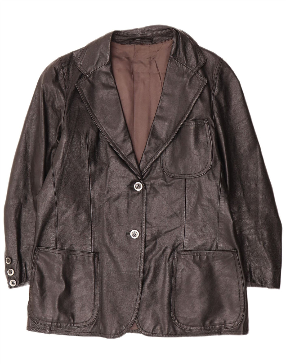 vintage Femme 2 Boutons Veste Blazer En Cuir UK 14 Grand Noir