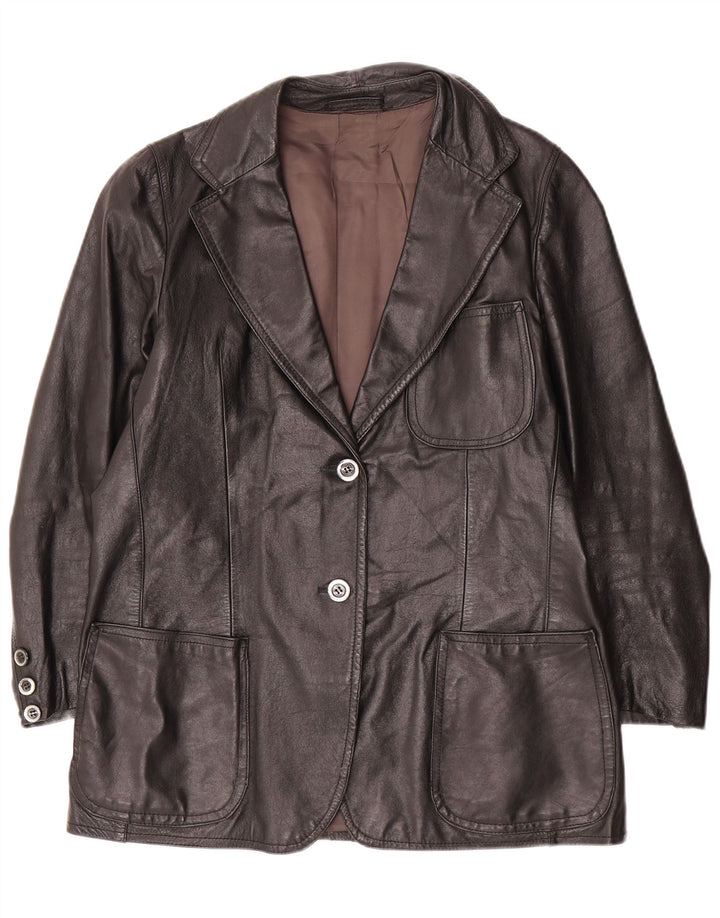 vintage Femme 2 Boutons Veste Blazer En Cuir UK 14 Grand Noir