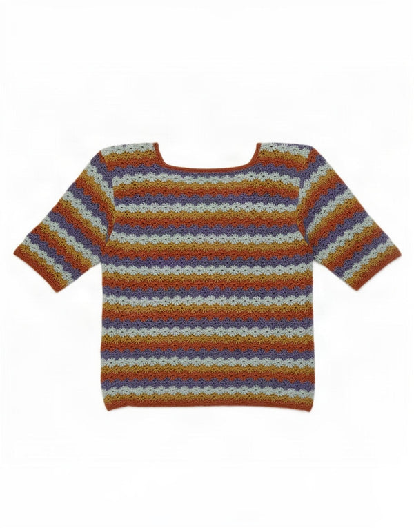 vintage Womens Crochet Blouse Top UK 12 Moyen Multicolore Rayé