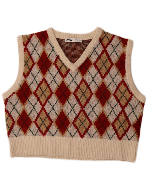 Zara Womens Crop Vest Débardeur UK 14 Moyen Multicolore Argyle/Diamant