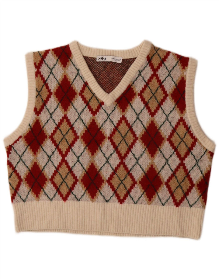 Zara Womens Crop Vest Débardeur UK 14 Moyen Multicolore Argyle/Diamant