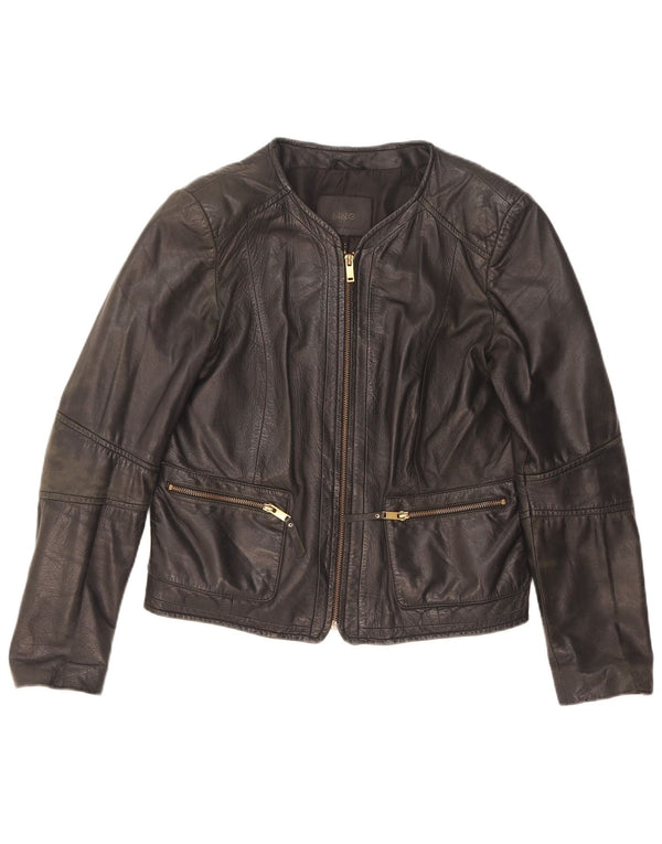 Mango Veste en cuir court pour femme UK 14 Grand cuir noir