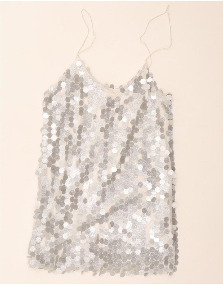 vintage Femmes Cami Top UK 12 Polyester Argent Moyen