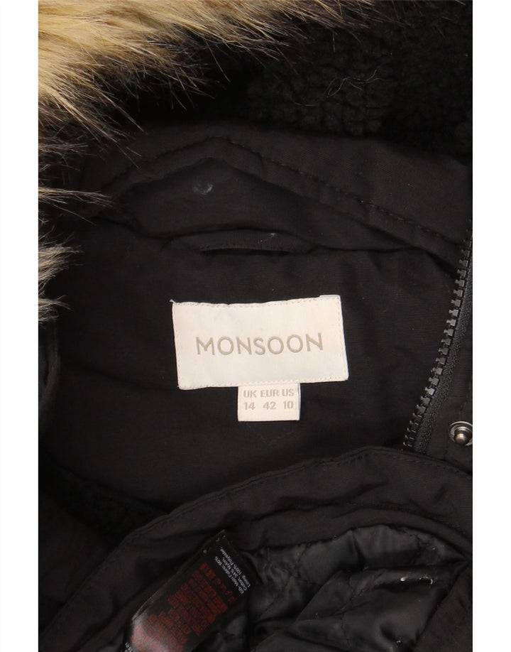 Monsoon Parka à capuche pour femme UK 14 Large Noir Coton