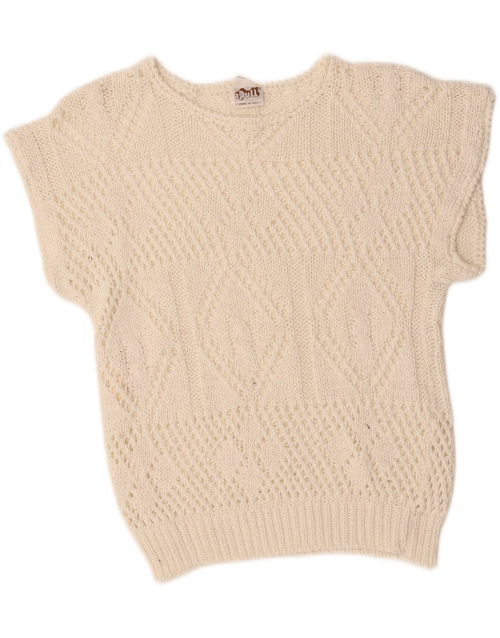 VINTAGE Womens Crop Crew Neck Jumper Sweater UK 14 Medium White Vintage Vintage and Second-Hand Vintage from Messina Hembry 