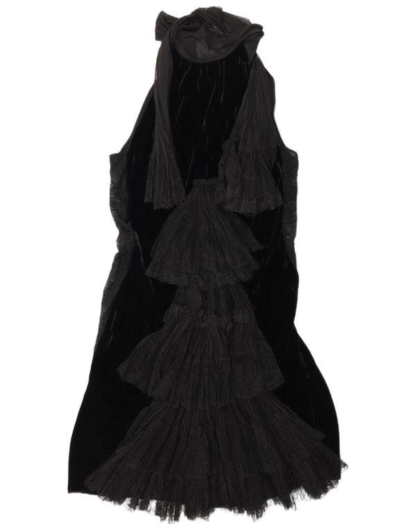 vintage Femme Robe à plusieurs niveaux en velours sans manches UK 12 Noir Moyen