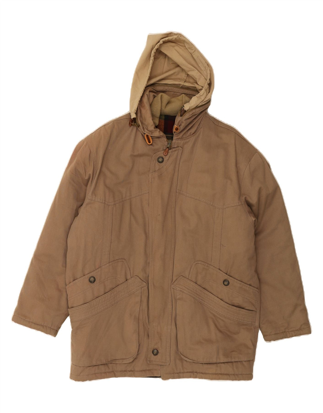 VINTAGE Mens Hooded Overcoat UK 38 Medium Beige Cotton Vintage Vintage and Second-Hand Vintage from Messina Hembry 